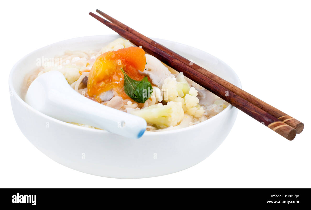 Asian Vegetarian soup noodles isolated on white with clipping path. Stock Photo