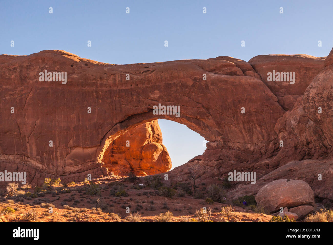 North Window arch in early morning light in Arches National Park in Utah. Stock Photo