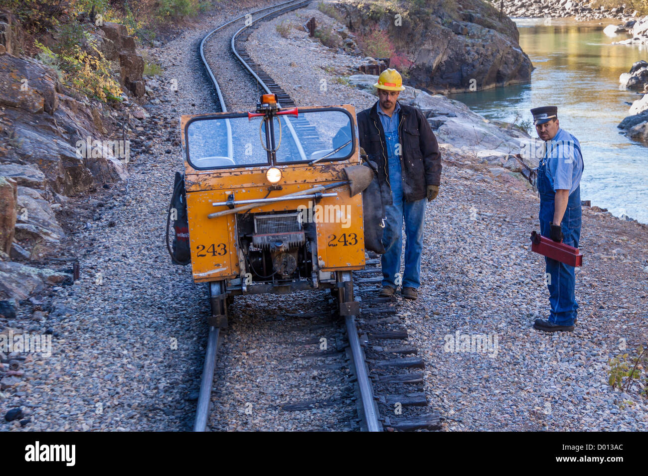 Durango & Silverton Narrow Gauge Railroad maintenance Motor Car following train. Stock Photo