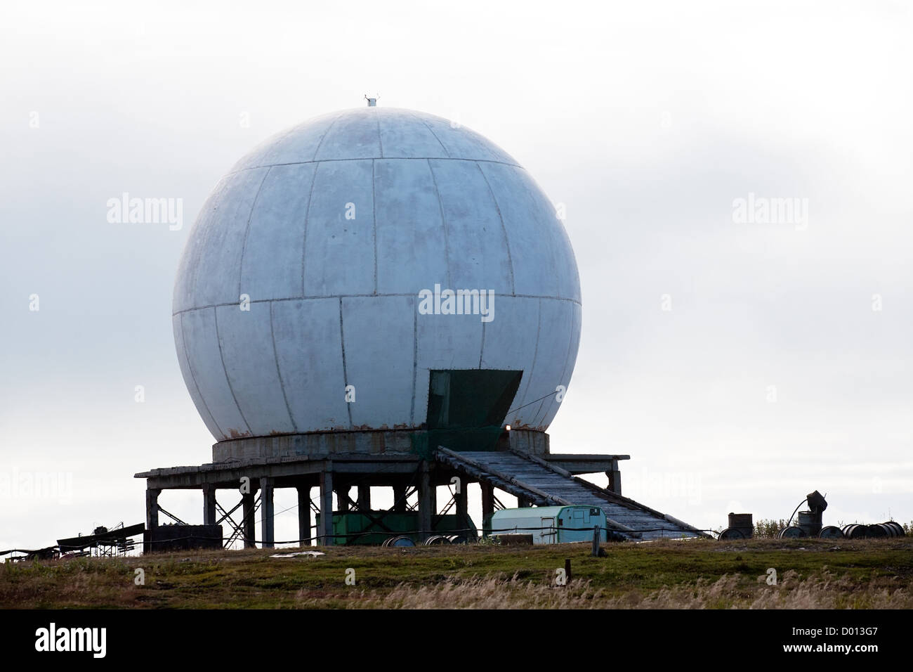 big antenna white sphere on grey sky background Stock Photo