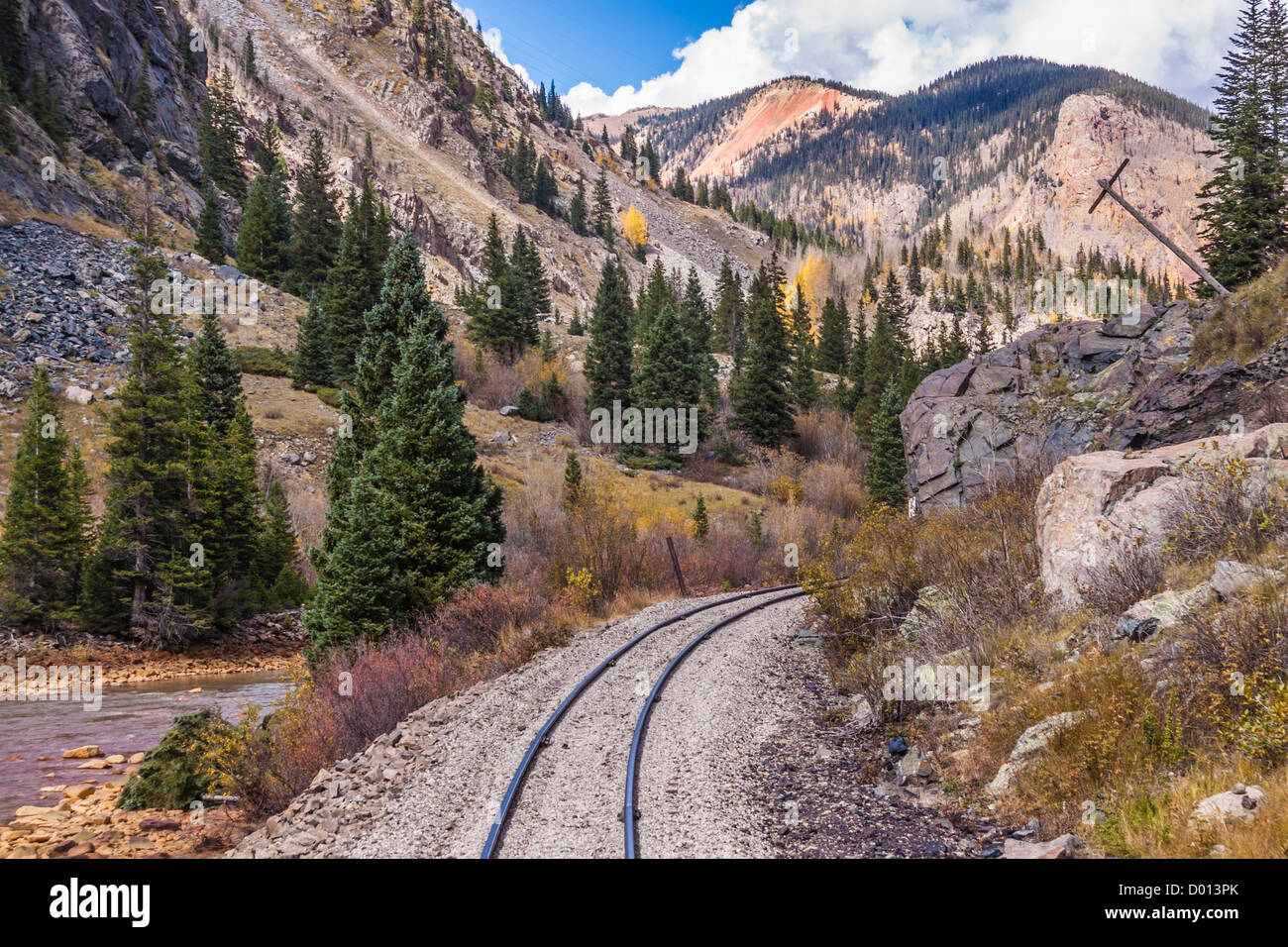 Durango & Silverton Narrow Gauge Railroad Tracks with autumn color. Stock Photo