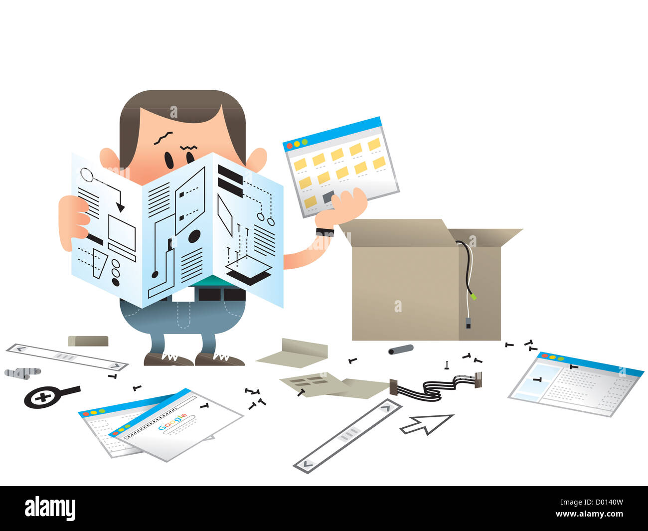 A man trying to follow instructions to put a computer together Stock ...