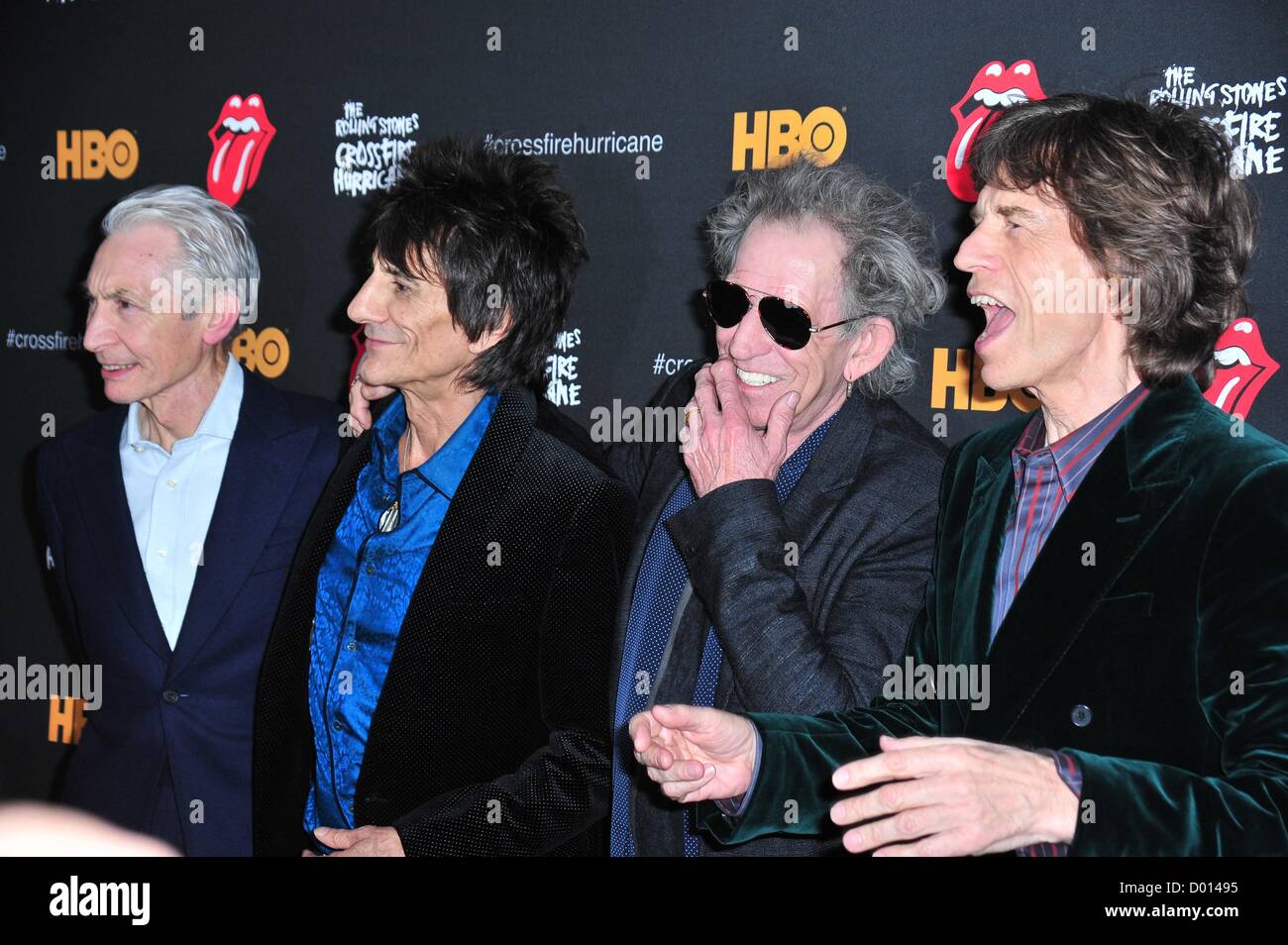 Charlie Watts, Keith Richards, Ronnie Wood, Mick Jagger, The Rolling Stones at arrivals for CROSSFIRE HURRICANE Premiere, The Ziegfeld Theatre, New York, NY November 13, 2012. Photo By: Gregorio T. Binuya/Everett Collection Stock Photo
