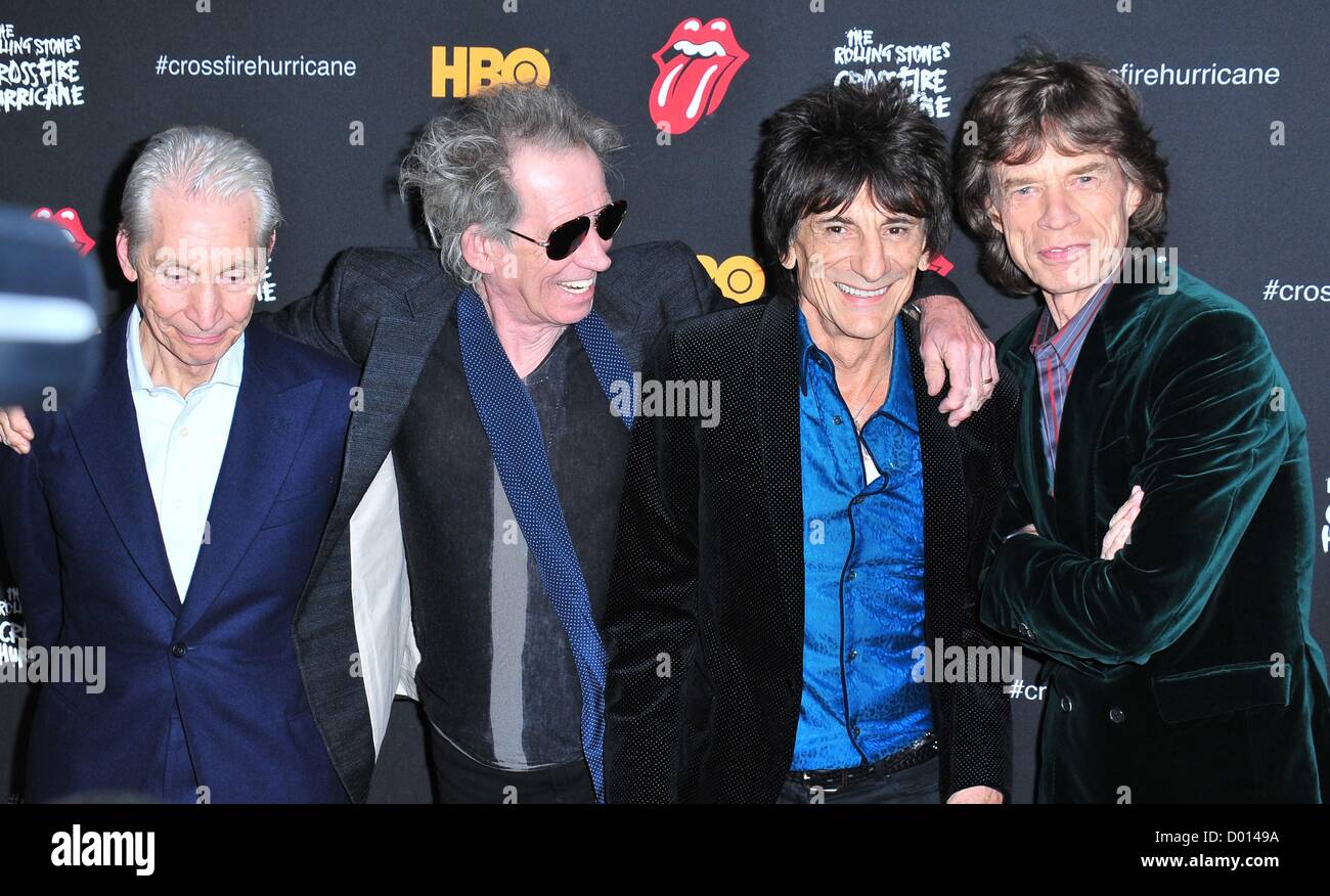 Charlie Watts, Keith Richards, Ronnie Wood, Mick Jagger, The Rolling Stones at arrivals for CROSSFIRE HURRICANE Premiere, The Ziegfeld Theatre, New York, NY November 13, 2012. Photo By: Gregorio T. Binuya/Everett Collection Stock Photo