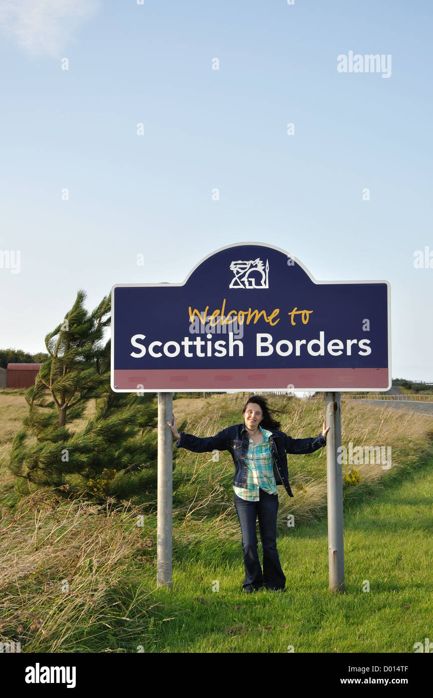 Welcome to Scottish Borders sign on A1 near Berwick uponTweed, Scotland, UK Stock Photo
