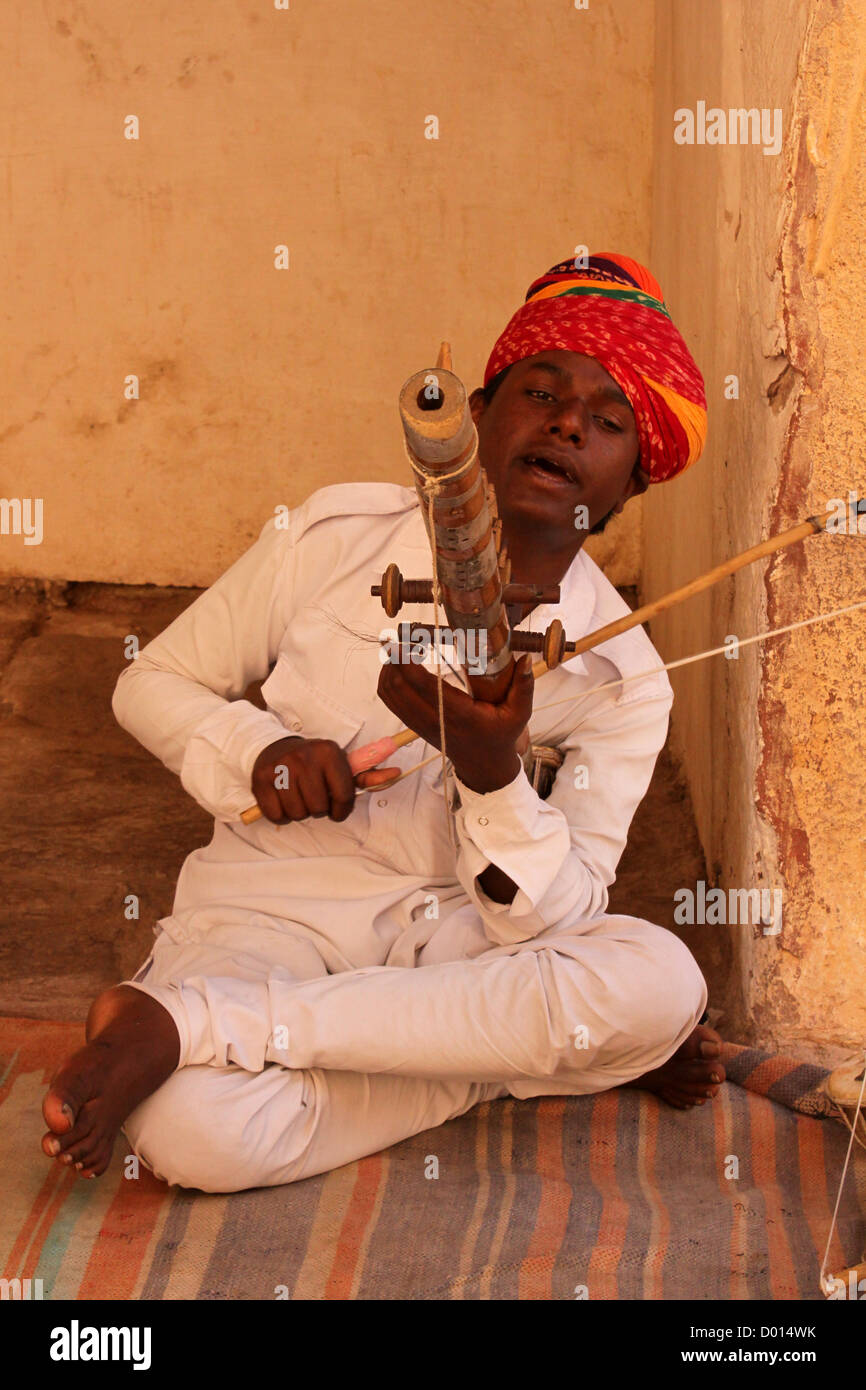 Rajasthani singer with traditional folk musical instrument sarangi Stock Photo