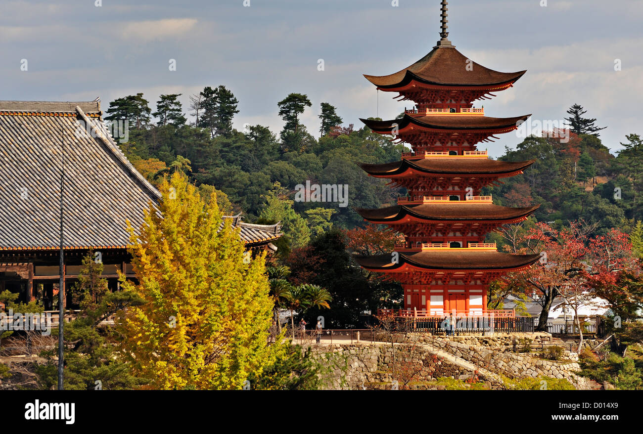 The 5-storey pagoda of Itsukushima Shrine on the island of Miyajima, Japan Stock Photo