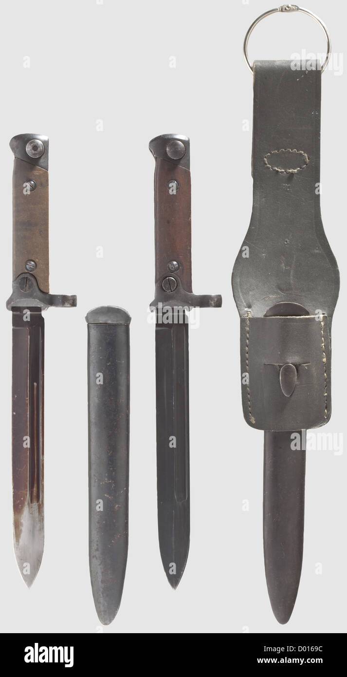 Two Italian bayonets M 1891/38, Folding, burnished blades, one heavily faded and reburnished(?). Burnished hilts with stamping and numbering, wooden grip plates. Burnished steel scabbards (some scratches). Included is a grey leather frog with Turin maker's mark, one seam restored. Length each 29 cm, historic, historical, 19th century, thrusting, thrustings, handheld, melee weapon, melee weapons, blade, weapon, arms, weapons, arms, object, objects, stills, clipping, clippings, cut out, cut-out, cut-outs, Additional-Rights-Clearences-Not Available Stock Photo