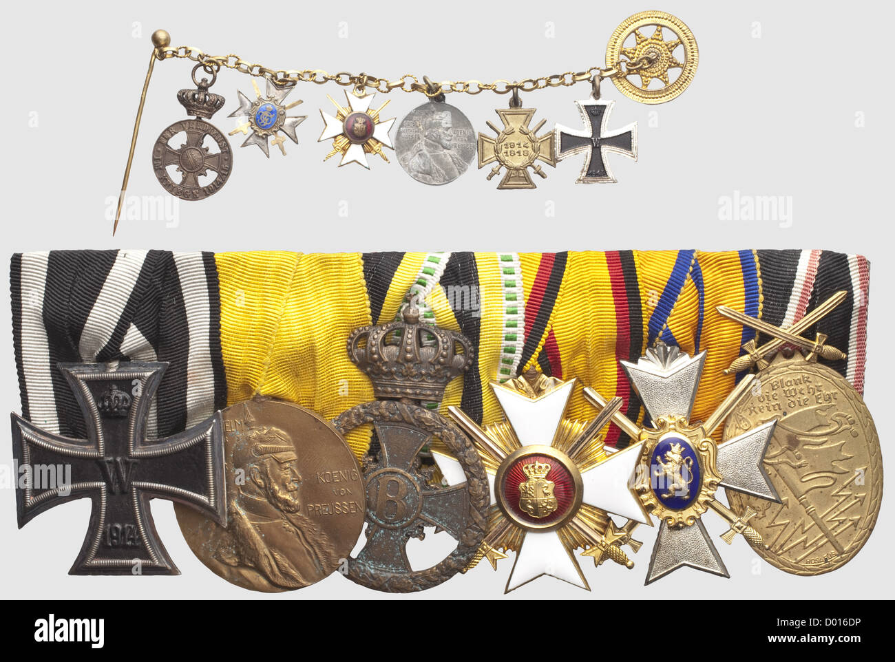 Reuss,a six-piece orders clasp,Iron Cross 2nd Class of 1914,Centenary Medal 1897,Saxony-Meiningen,War Merit Medal(traces of oxidation),Princely Reuss Cross of Honour 2nd Class with Swords,gold(OEK 2001),Princely Schwarzenburg Cross of Honour 3rd Class with Swords(OEK 2785),Kyffhäuser Medal. Included is a corresponding miniatures chain with the Cross of Honour for Front Fighters instead of the Kyffhäuser Medal,historic,historical,1910s,20th century,19th century,medal,decoration,medals,decorations,badge of honour,badge of honor,badges of h,Additional-Rights-Clearences-Not Available Stock Photo