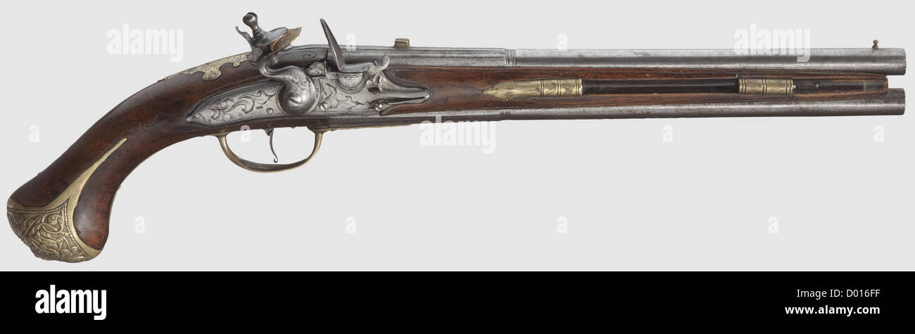 A German over-and-under pistol,Mainz,circa 1740. Fluted barrels turning ...