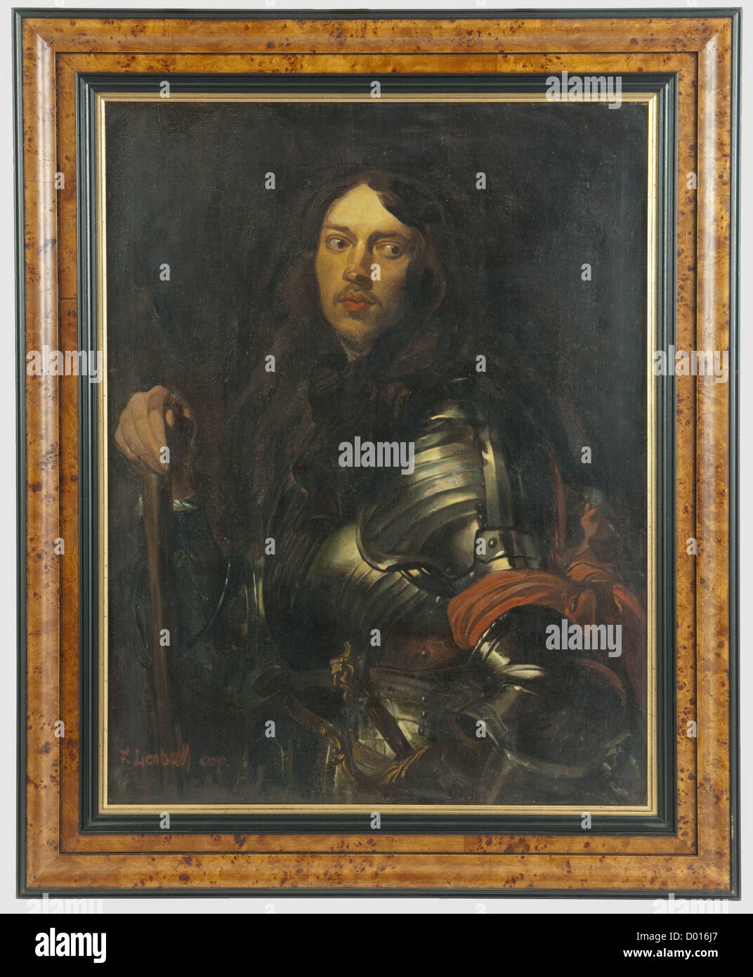 A portrait of Count Johann Baptist Arco (1650 - 1715), Half portrait of the Bavarian field marshal in armour with a marshal's baton. Oil on canvas 70 x 90 cm, inscribed 'F.Lenbach cop.' at the lower left. Recently framed. Framed dimensions 91 x 110 cm. High quality copy of the painting by Lenbach. The individual portrayed held overall command of all the Bavarian prince elector's army units from 1694, and in 1702 was promoted to field marshal, people, 18th century, Bavaria, Bavarian, German, Germany, Southern Germany, the South of Germany, object, objects, still, Stock Photo