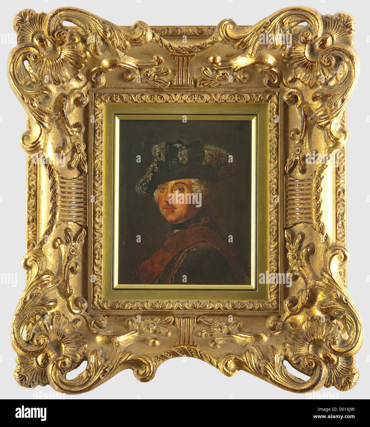 Frederick the Great - a portrait, probably a copy after the portrait by Antoine Pesne 1745. Oil on copper plate. Dimensions 13 x 17 cm. unsigned and undated. Recently framed. Framed dimensions 31 x 34 cm, people, 18th century, Prussian, Prussia, German, Germany, militaria, military, object, objects, stills, clipping, clippings, cut out, cut-out, cut-outs, portraits, painting, paintings, fine arts, art, picture, pictures, man, men, male, Stock Photo