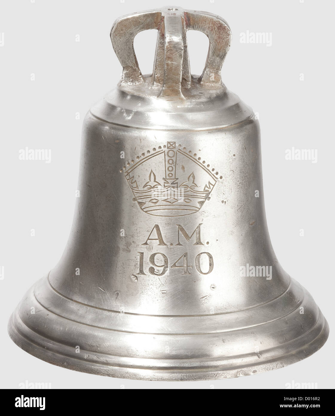 A 'Scramble' Bell,1940. An early World War Two Royal Air Force 'Scramble' Bell,according to the Air Ministry pattern 27 cm. diam. cast in bright alloy and engraved with the King George VI crown and A.M. 1940 cypher,the interior surface with many 'strike' marks,clapper missing,the outer surface cleaned,the inner surface in as found condition. A remarkable 'find' from an English scrapyard of an historic 'Battle-of-Britain' period memento,27 cm high,historic,historical,1930s,20th century,object,objects,stills,clipping,clippings,cut out,cut-out,c,Additional-Rights-Clearences-Not Available Stock Photo