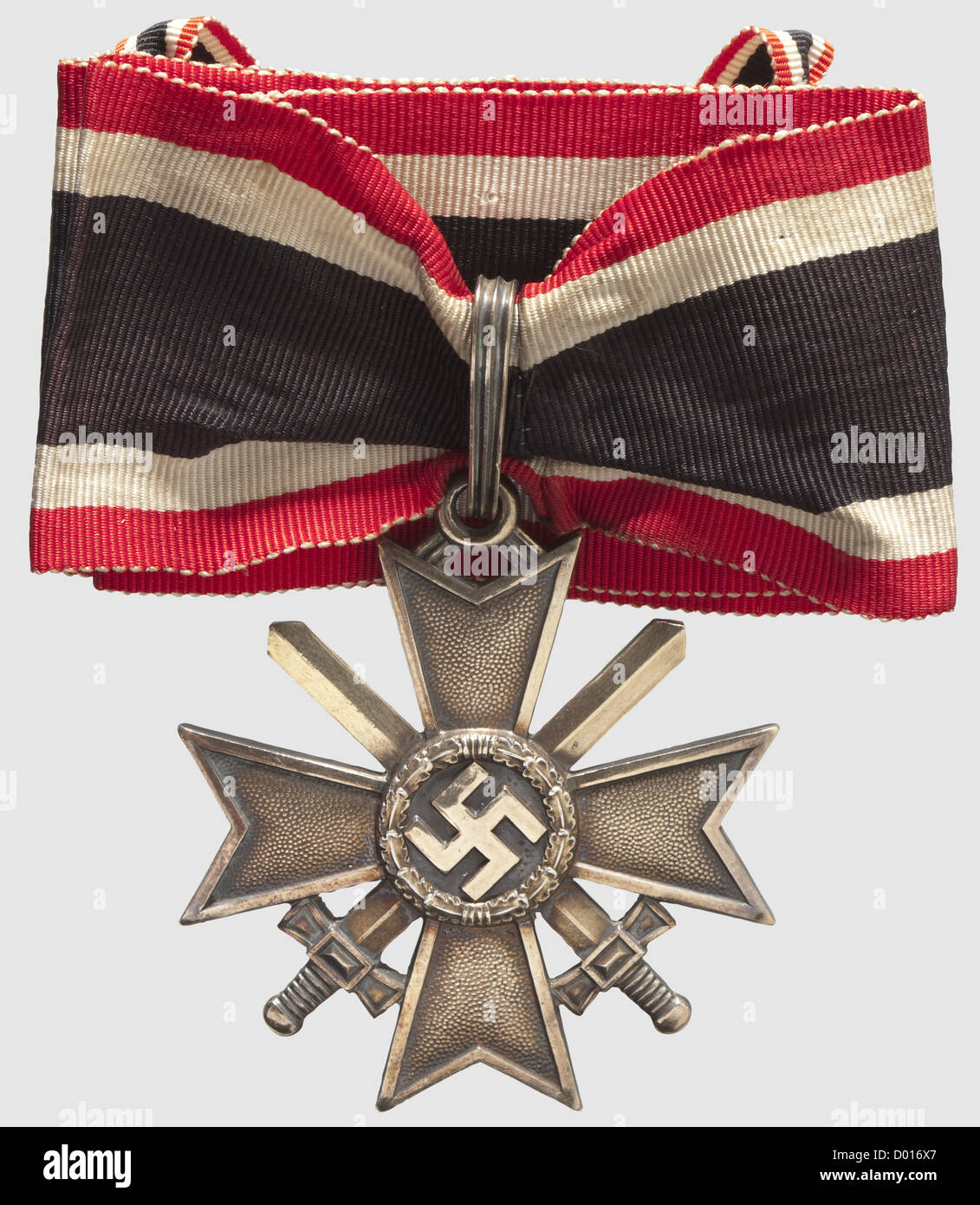 A Knight's Cross of the War Merit Cross of 1939 in Gold with Swords,Gold-plated silver,the edges and raised areas polished. Closed,fluted suspension ring,the lower cross-arm punched '900' and '1'(for Deschler,Munich). Dimensions 53 x 58.5 mm,weight 43 g. Customised neck ribbon,length 50 cm.(Nie 7.04.04 2). The gold class was instituted on 8 July 1944 and only produced in very small numbers. No bestowals are known to have occurred. This example comes from the awards hoard hidden by the Orders Chancellery at Kleßheim Castle near Salzburg,which was subse,Additional-Rights-Clearences-Not Available Stock Photo