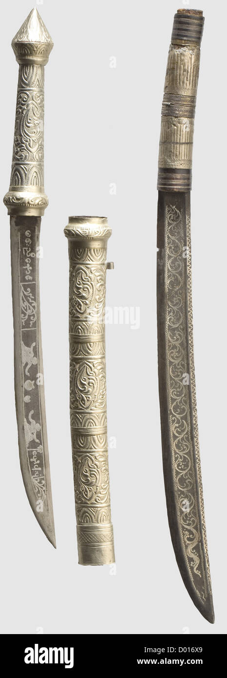 A splendid rapier,Historismus period in the style of circa 1600.Original thrusting blade of diamond cross-section.Fullered at the forte,both sides of the ricasso struck with a crescent moon mark and 'L' within a heraldic shield.Beautifully worked,iron swept hilt entirely covered with fine decorative silver vine inlays,applied silver masks and figures on the obverse side.Grip with elaborate iron wire winding and Turk's heads.The ten-sided pommel,worked en suite with silver inlaid edges.Length 130 cm,historic,historical,,17th century,Indonesian arc,Additional-Rights-Clearences-Not Available Stock Photo