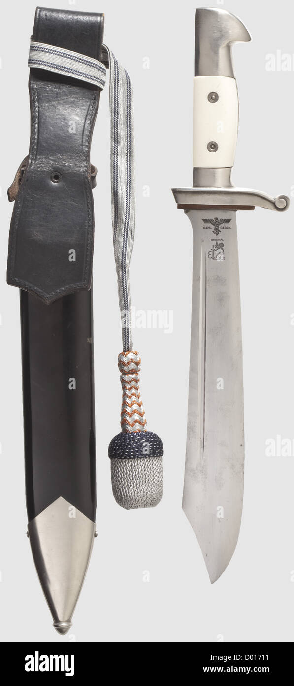 A model 1938 hewer for enlisted men/NCOs with portepee and leather hanger,Maker Eickhorn,Solingen Hefty wedge blade with etched maker's logo,'Ges.Gesch.' and number '5838'.Nickeled and toned hilt,the white plastic grip plates with inner surface Eickhorn logos.Black painted steel scabbard with nickeled fittings,the locket stamped with matching number '5838'.Silver portepee worked through in black and orange for NCO volunteers.Black leather hanger,the carrying clip with Assmann logo.Length 37.5 cm.In outstanding condition.Provenance: Neil Davey Coll,Additional-Rights-Clearences-Not Available Stock Photo