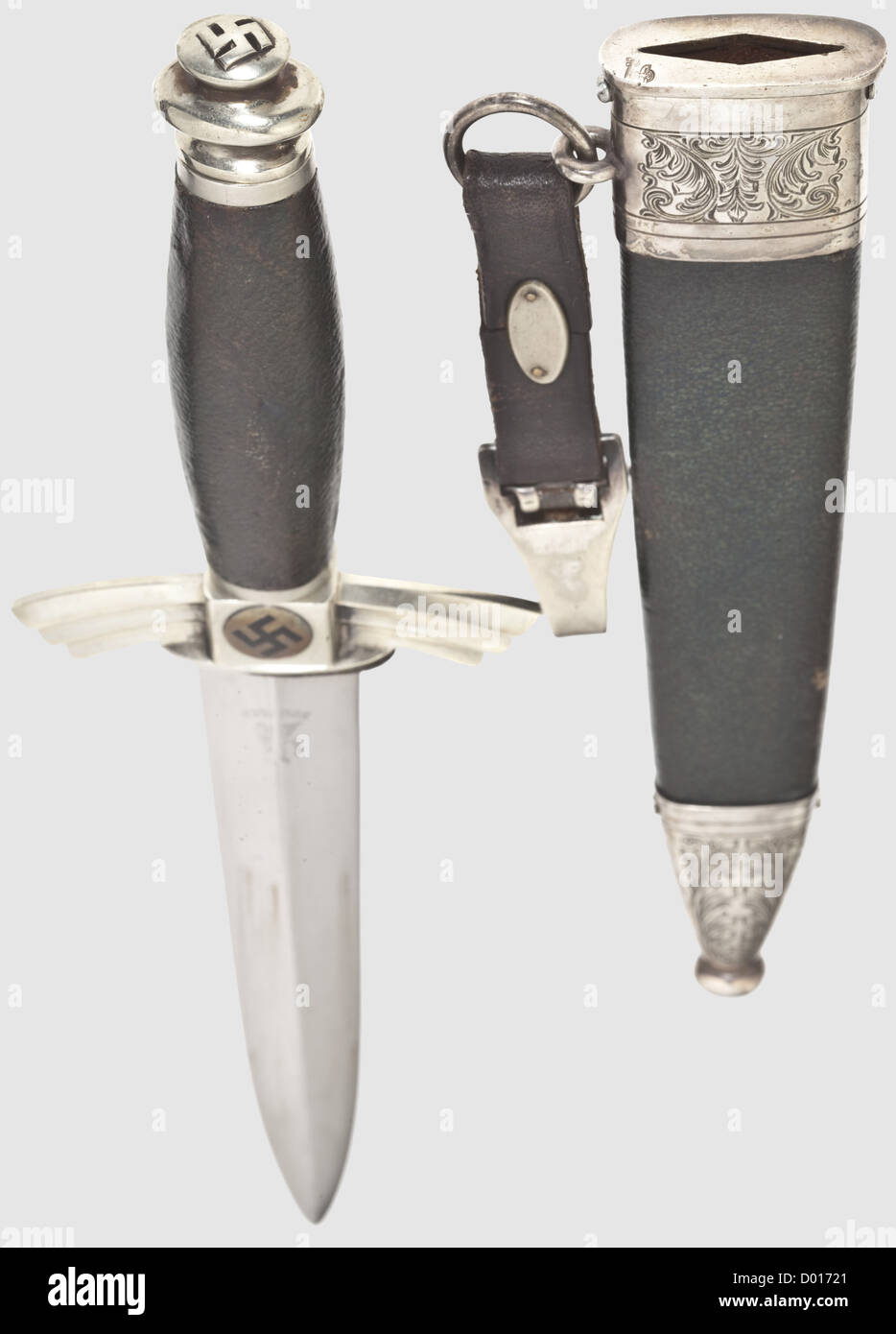 A model 1937 NSFK service dagger(flyer's knife),with swastika pommel and engraved scabbard,Maker