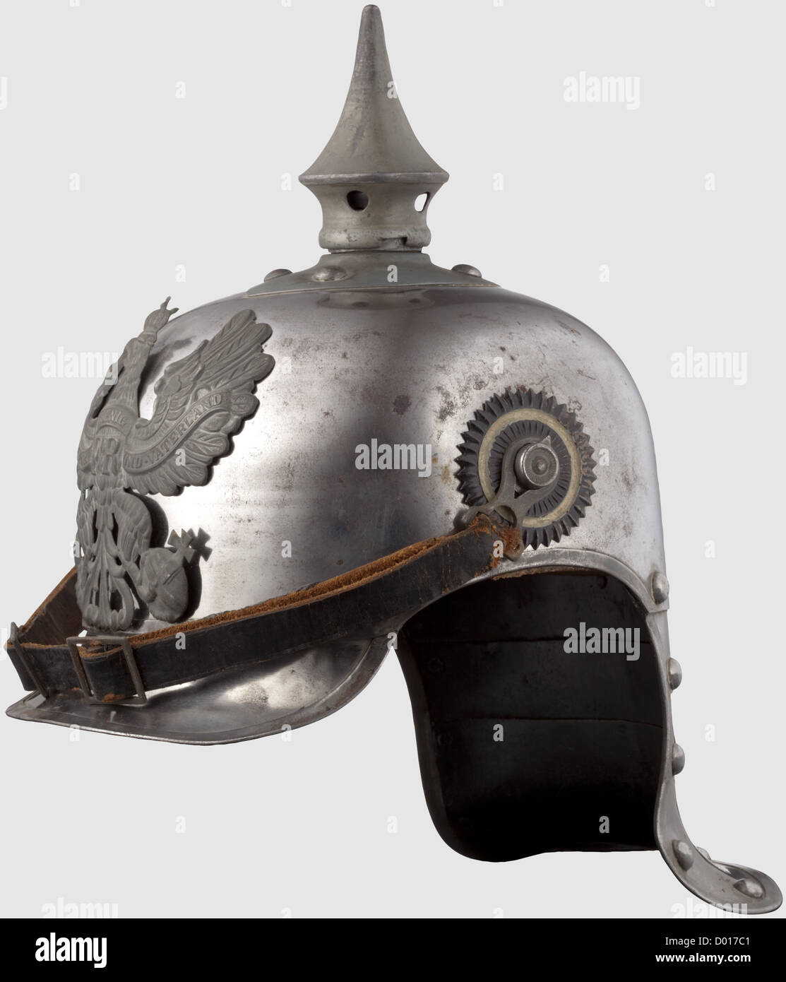 A model 1915 helmet for enlisted personnel,of the Cuirassiers of the Line. Steel skull with steel trim and rivets. Field grey lacquered spike on a bayonet mount. Field grey line eagle plate. Leather chinstraps on '91' buttons. Enlisted men's cockades. Leather lining. The maker's inscription 'Lachmann Berlin 1916' inside at the top,historic,historical,1910s,20th century,Prussian,Prussia,German,Germany,militaria,military,object,objects,stills,clipping,clippings,cut out,cut-out,cut-outs,helmet,helmets,headpiece,headpieces,utensil,piece of ,Additional-Rights-Clearences-Not Available Stock Photo