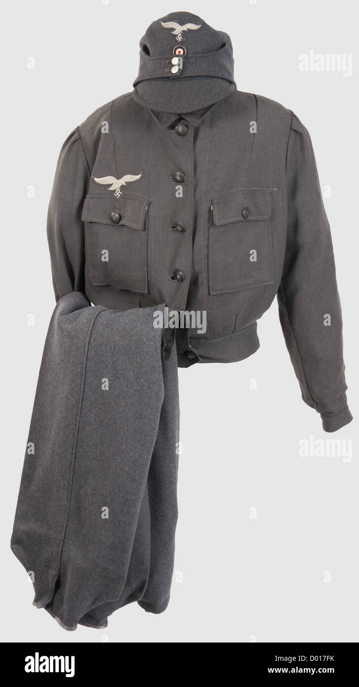 A uniform ensemble for a female flak helper,Field cap of Luftwaffe blue  gabardine with machine-embroidered insignia,two silver buttons and a silk  liner(modified). Tunic of similar material in cut for women with two