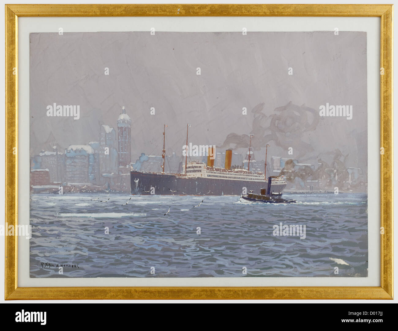 Robert Schmidt-Hamburg(1885 - 1963)- The Passenger Ship,'George Washington' in New York,Mixed technique on cardboard,signed 'R. Schmidt-Hamburg' at the lower left. Finely painted view of the Norddeutsche-Lloyd passenger steamship on the occasion of a voyage between Bremen and New York. A snow-covered silhouette of New York in the background,and a pilot vessel in the foreground. In a new,gilded frame under glass,32 x 42 cm. Robert Schmidt-Hamburg,along with Willy Stöwer or Hans Bohrdt,one of the best known german maritime painters,was self-educated,a,Additional-Rights-Clearences-Not Available Stock Photo