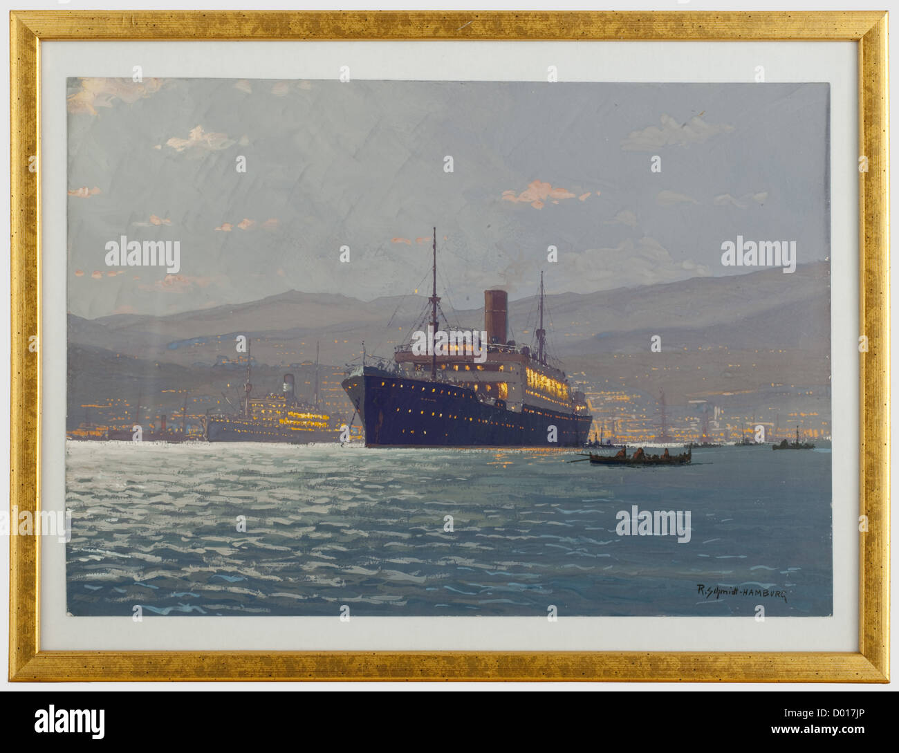 Robert Schmidt-Hamburg (1885 - 1963) - Two Norddeutsche-Lloyd passenger ships in Madeira Harbour, Mixed technique on cardboard, signed 'R. Schmidt-Hamburg' at the lower right. Finely painted view of an anchoring steamer (General class?) in front of Madeira silhouetted by the setting sun. In a new, gilded frame under glass. 32 x 42 cm, historic, historical, 20th century, transport, transportation, object, objects, stills, painting, paintings, fine arts, art, illustration, Additional-Rights-Clearences-Not Available Stock Photo