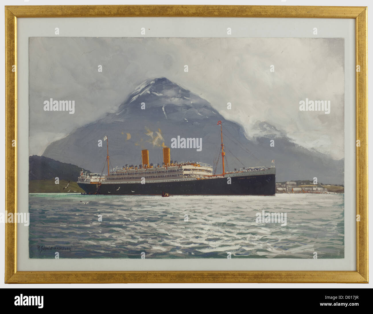 Robert Schmidt-Hamburg(1885 - 1963)- The National Mail Steamer 'Großer Kurfürst' Sailing to Scandinavia,Mixed technique on cardboard,signed 'R. Schmidt-Hamburg' at the lower left. Finely painted view of the anchoring steamer in front of a mountain obscured by clouds. In a new,gilded frame under glass. 32 x 42 cm. Robert Schmidt-Hamburg,along with Willy Stöwer and Hans Bohrdt,was one of the best-known German maritime painters,historic,historical,20th century,transport,transportation,object,objects,stills,painting,paintings,fine arts,art,illus,Additional-Rights-Clearences-Not Available Stock Photo