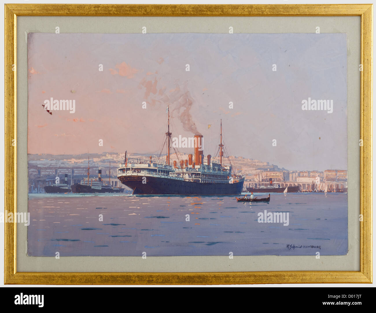 Robert Schmidt-Hamburg(1885 - 1963)- A Passenger Ship in a South European Harbour,Mixed technique on cardboard,signed 'R. Schmidt-Hamburg' at the lower right. Finely painted view of a steamer in the harbour of a South European city(Genoa?),illuminated by the setting sun. In a new,gilded frame under glass. 32 x 42 cm. Robert Schmidt-Hamburg,along with Willy Stöwer and Hans Bohrdt,was one of the best-known German maritime painters,historic,historical,20th century,transport,transportation,object,objects,stills,painting,paintings,fine arts,art,,Additional-Rights-Clearences-Not Available Stock Photo
