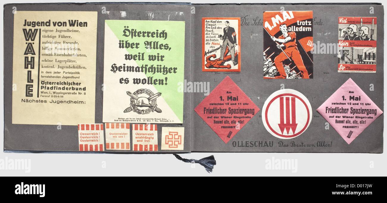 An album with 145 Austrian propaganda handbills,Highly interesting propaganda material from nearly every political movement,predominately handbills for the NSDAP or HJ,but also for the Austrian socialists,the Socialist Worker Youth(Sozialistische Arbeiter Jugend),Boy Scouts,Communists,Marxists,Home Defense,Veteran's League of the former Chancellor Protection League,eastern storm troops as well as anti-German propaganda. Glued in an album(transl.)'The World's Interesting Places - Austrian Series' by Olleschau. A unique collection,historic,historic,Additional-Rights-Clearences-Not Available Stock Photo