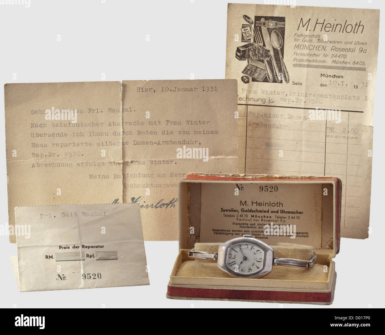 Adolf Hitler - a ladies wristwatch presented to Geli Rabaul,Christmas 1927,Silvered housing and wrist band. Silver clock face with Arabic numerals and blued lancet hands. No maker. The back cover engraved with the inscription: 'Meiner lieben Geli - Onkel Wolf - München,Weihnachten,1927'('To my dear G historic,historical,1920s,20th century,NS,National Socialism,Nazism,Third Reich,German Reich,Germany,German,National Socialist,Nazi,Nazi period,fascism,document,documents,object,objects,stills,clipping,clippings,cut out,cut-out,cut-outs,Additional-Rights-Clearences-Not Available Stock Photo