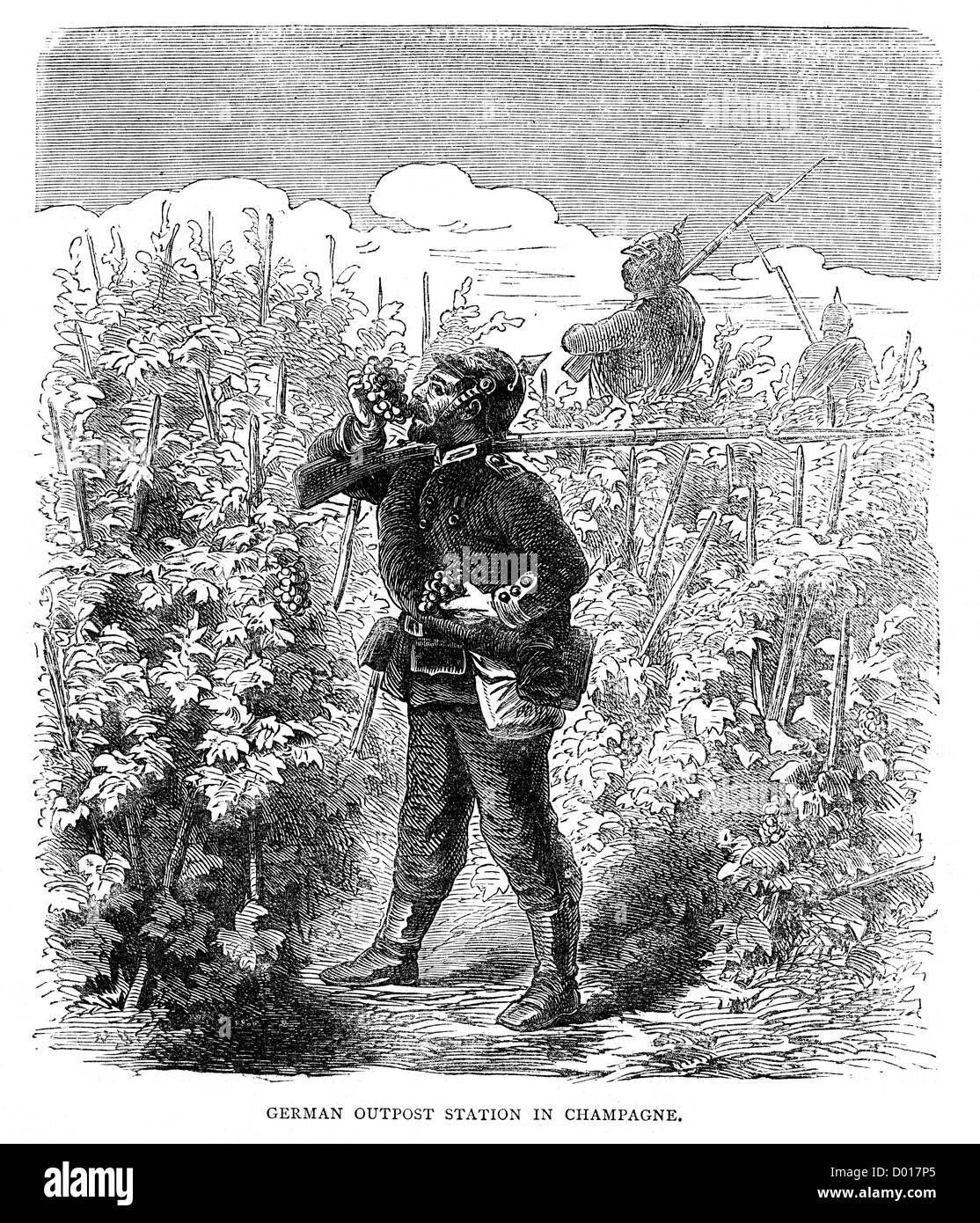 A German soldier eating grapes from the fields of Champagne during the Franco Prussian War Stock Photo