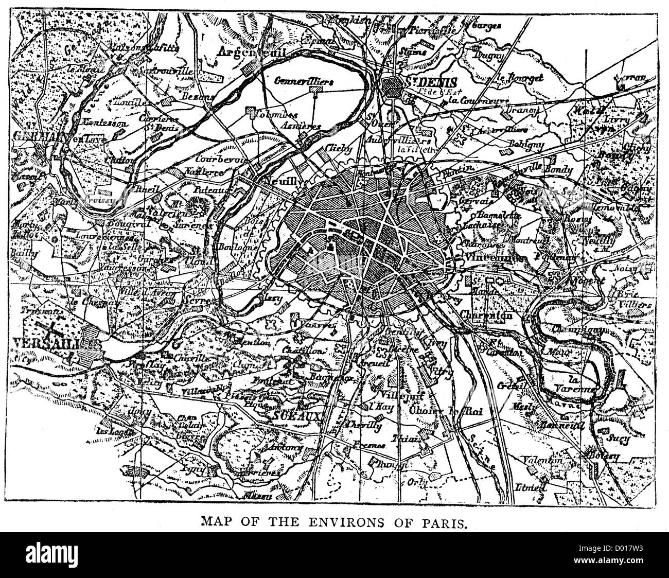 Map of the environs of Paris at the time of the Franco Prussian War Stock Photo