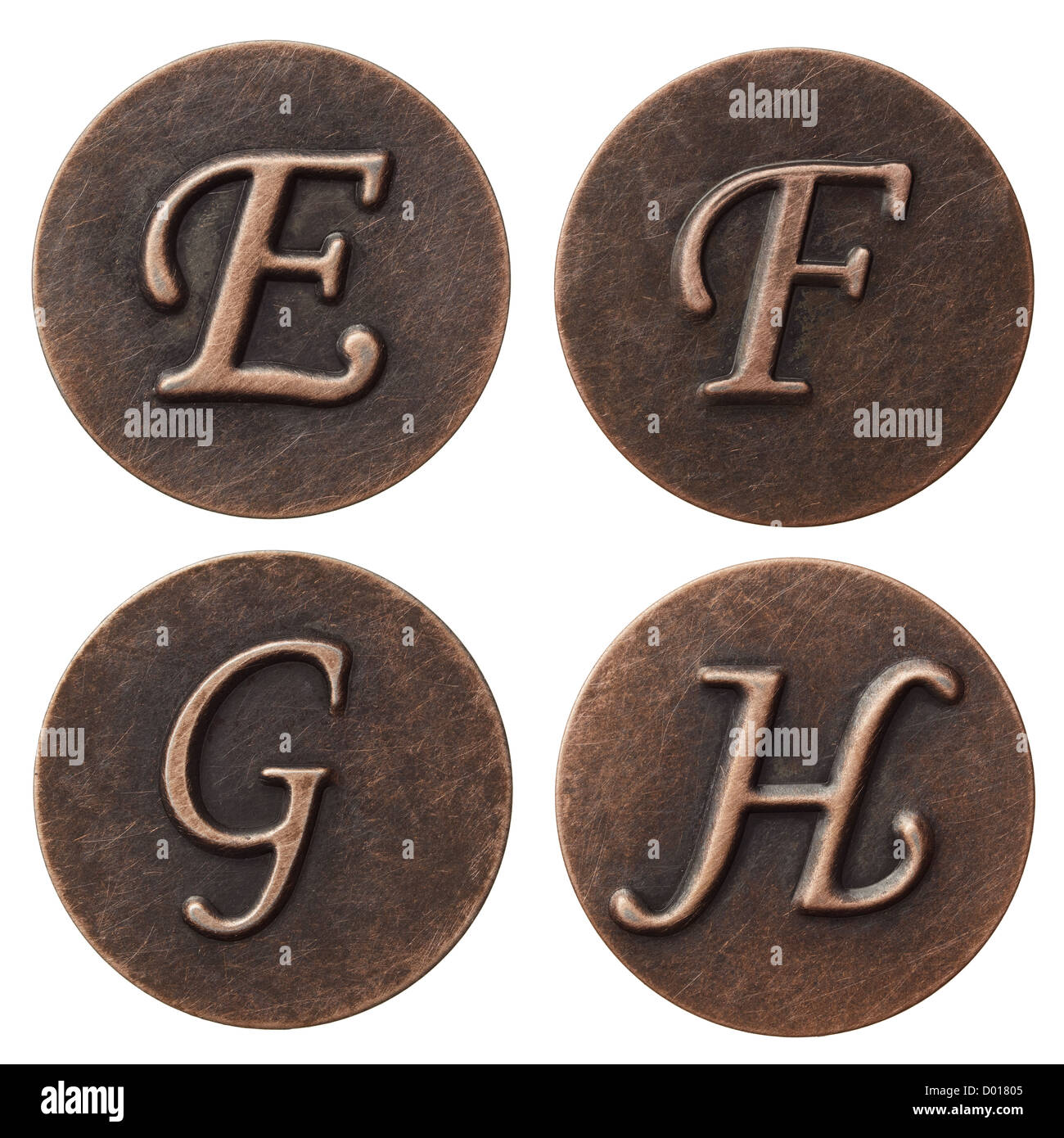 Aged metal vintage alphabet letters. Stock Photo