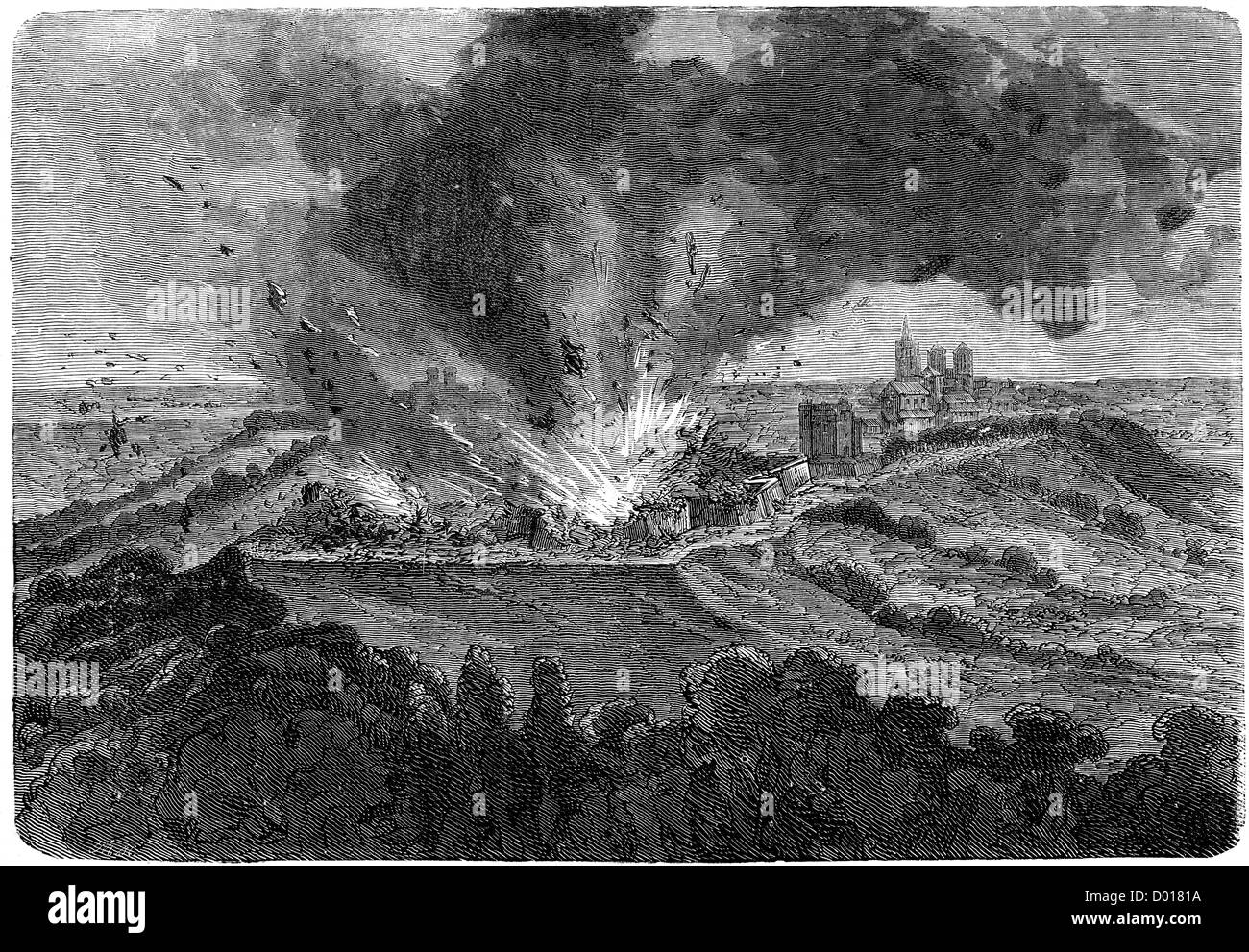 Explosion at Laon, France, during the Franco Prussian War Stock Photo