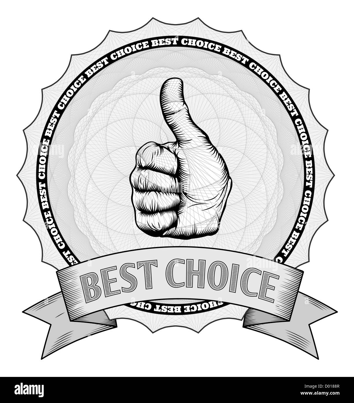 Detailed thumbs up best choice award winner badge with Guilloche patterns. In vector file image is arranged in handy layers. Stock Photo