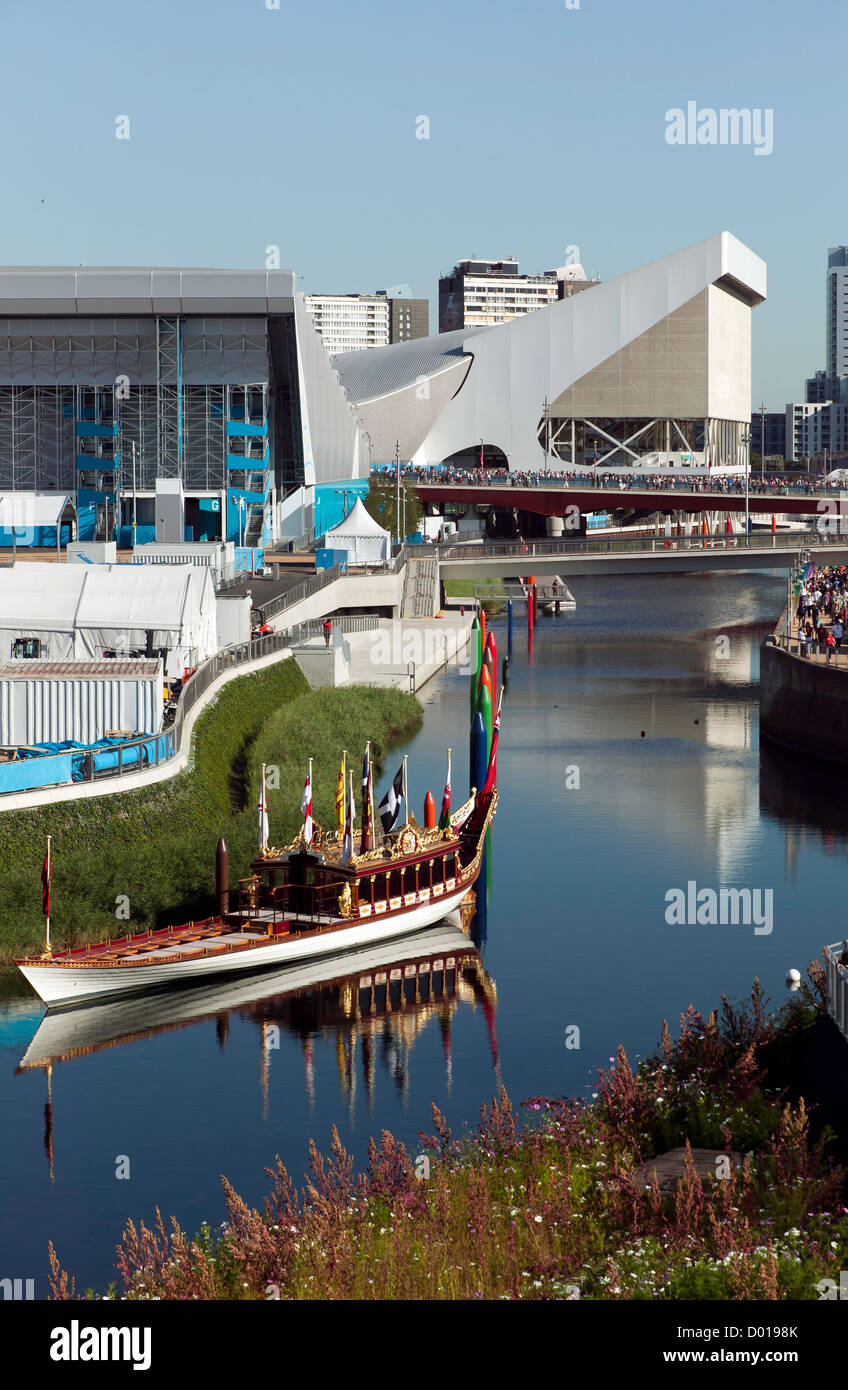 View showing the River Lea passing through the Olympic Park, Stratford. Stock Photo