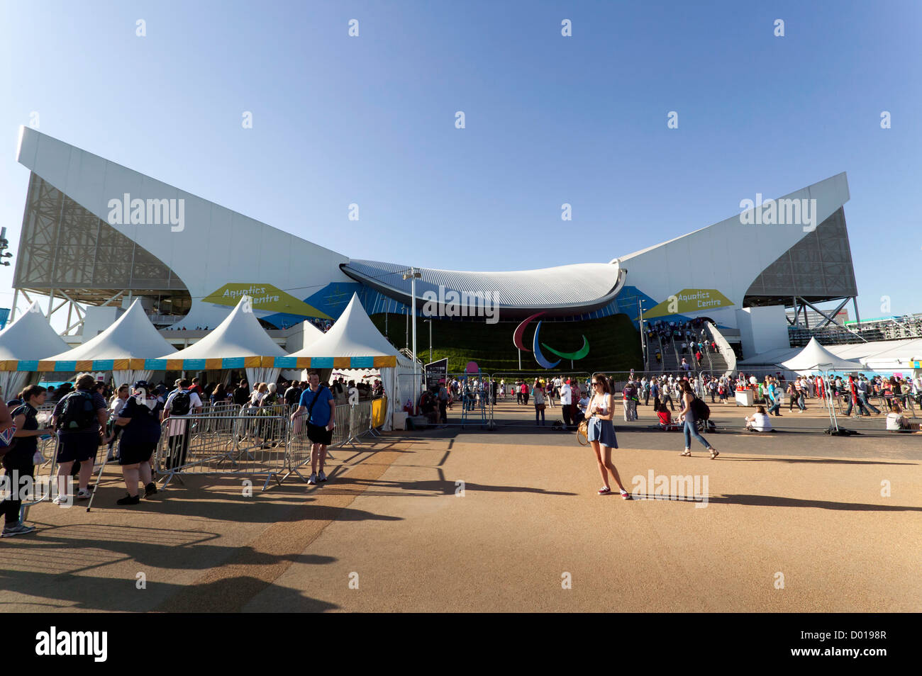 Wide-angle view of the Aquatics centre, at the Olympic Park, Stratford. Stock Photo