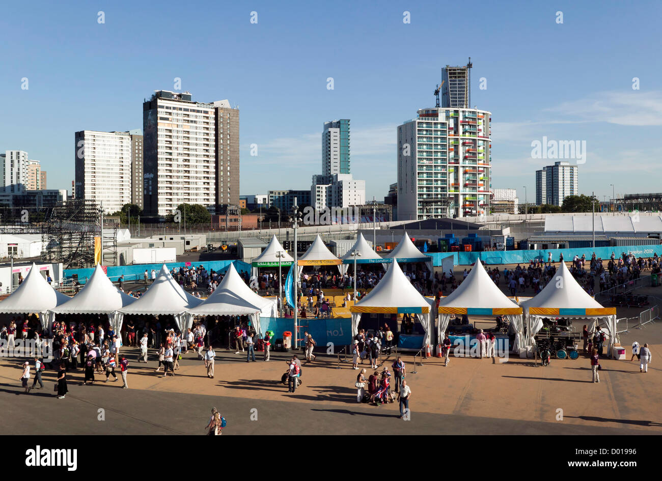 Food Concession tents and Help points inside  the Olympic Park, Stratford Stock Photo