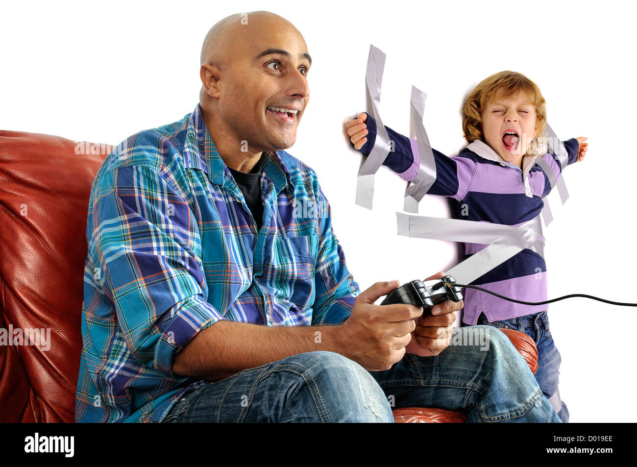 Young boy glued to the wall with duct tape, so daddy can play video