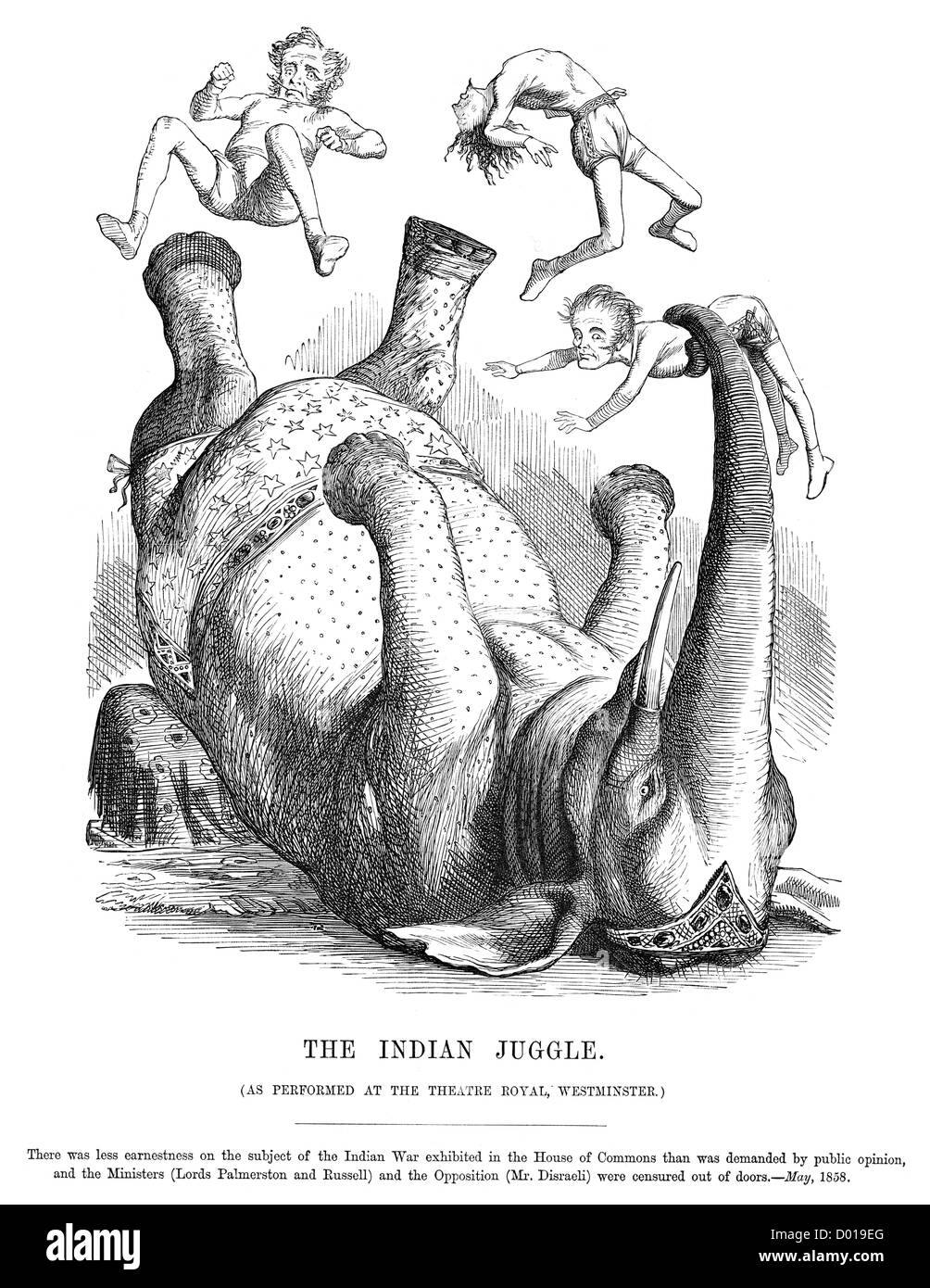 The Indian Juggle. Caricature of Lords Palmerston, Russell and Mr Disraeli, over the Indian Mutiny, May 1858. Stock Photo