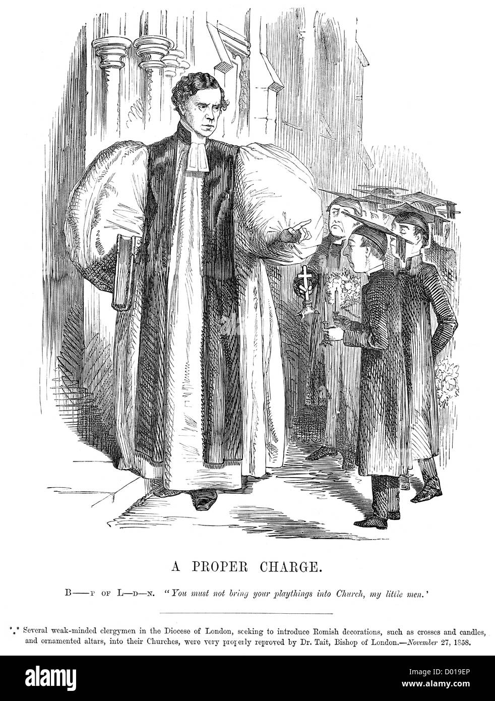 A Proper Charge. Caricature of the Bishop of London preventing the introduction of Romish decorations in London churches Stock Photo