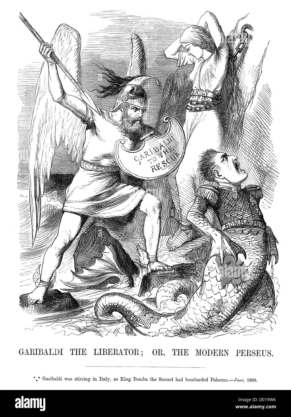 Garibaldi the Liberator; or The Modern Perseus. Political cartoon about Garibaldi saving Italy, June 1860 Stock Photo