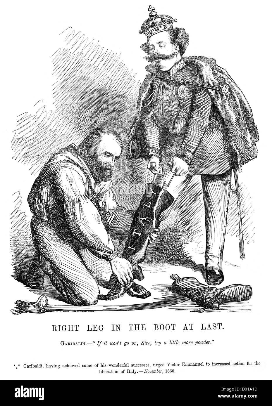 Right Leg in the Boot at Last. Political cartoon about Garibaldi helping Victor Emmanuel liberation Italy, November 1860 Stock Photo