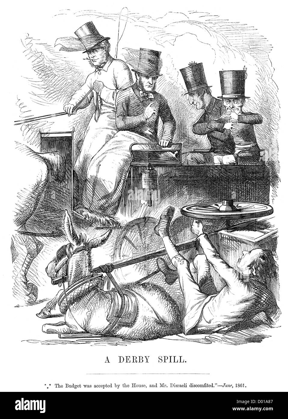 Derby Spill. Political cartoon about Disraeli failing to stop the Budget, June 1861 Stock Photo