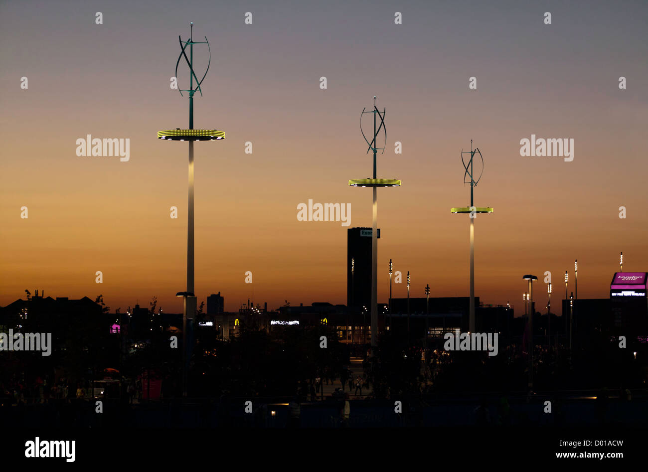 Sunset view of vertical axis wind turbines in London’s Olympic Park, Stratford, during the 2012 London Paralympic Games, Stratford Stock Photo