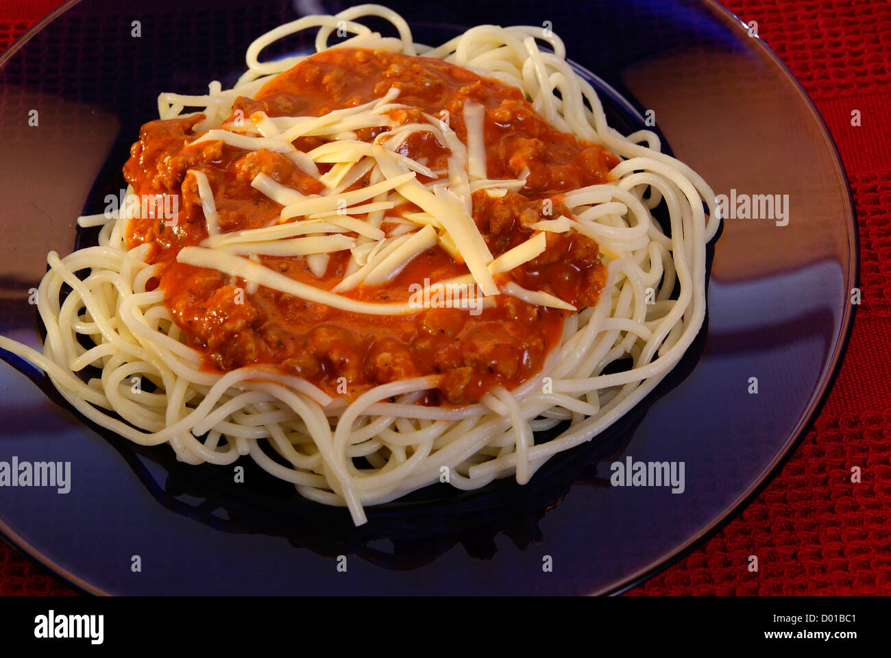 freshly cooked spaghetti with tomato sauce and meat Stock Photo
