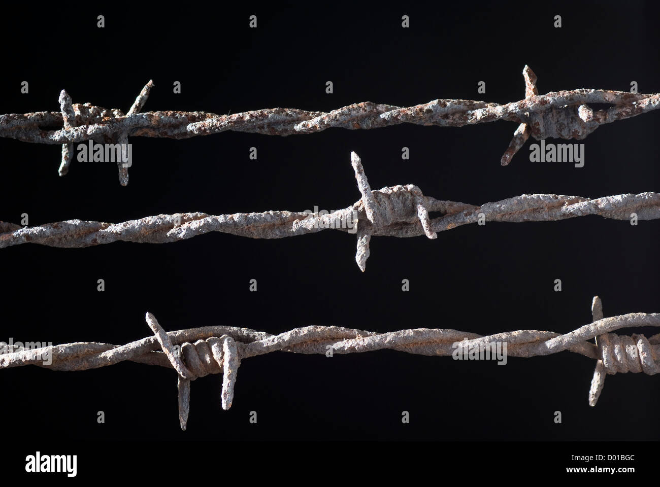 three rusty barbed wire on black background Stock Photo