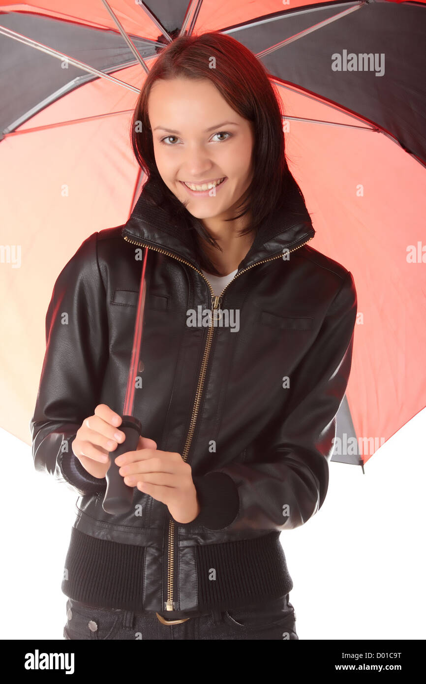 Woman dressed in black under red and black umbrella Stock Photo Alamy