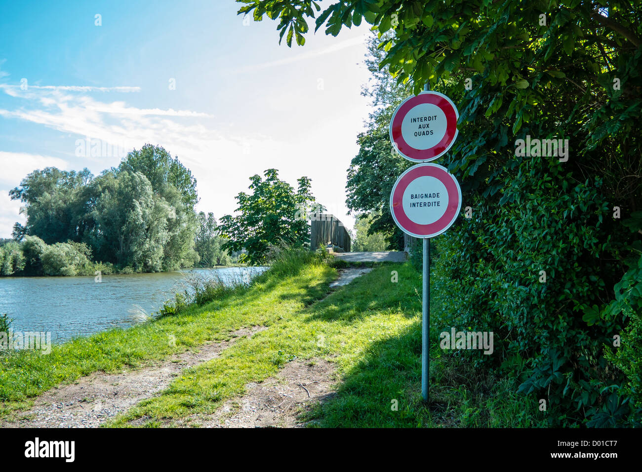 No Bathing and No Quadbike sins on the canal bank at Houlle, Pas-de-Calais, France. Stock Photo