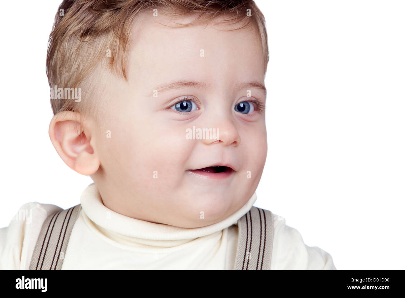 Beautiful blond baby with blue eyes isolated on white background Stock