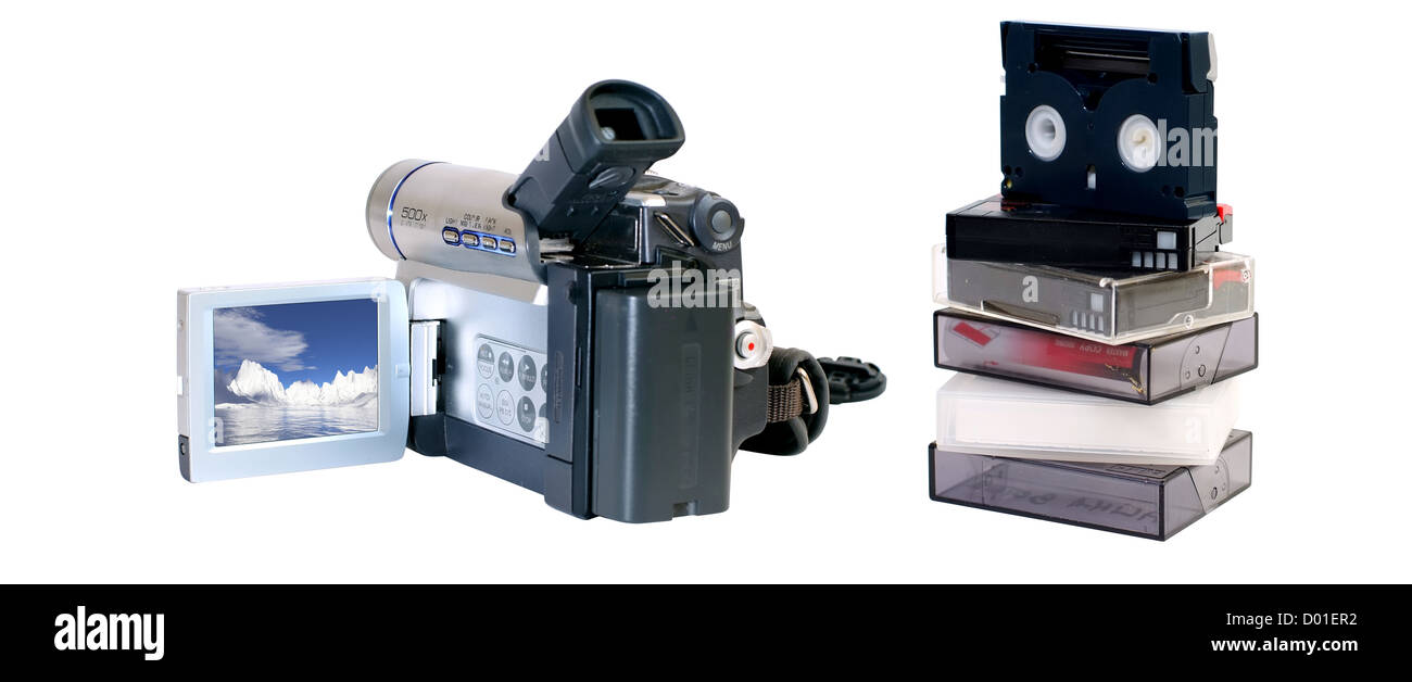 Video camera with minidv tapes for recording Stock Photo
